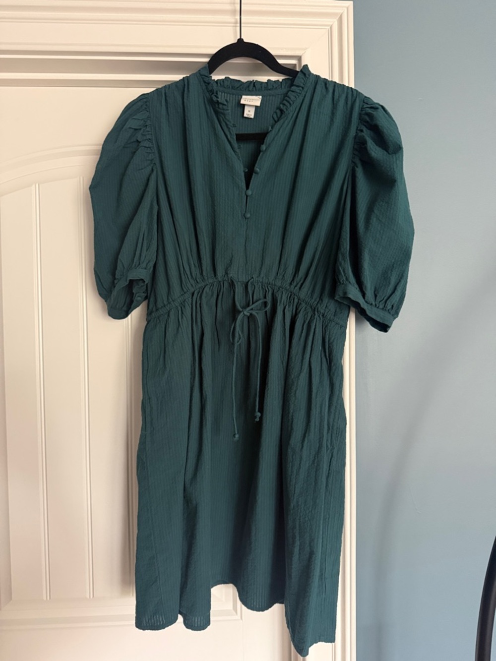 a new day Teal Puff-Sleeve Midi Dress with Drawstring Waist